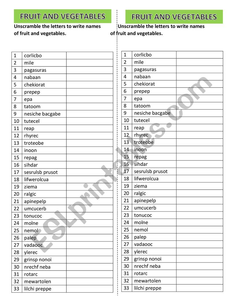 FRUIT AND VEGETABLE UNSCRAMBLE