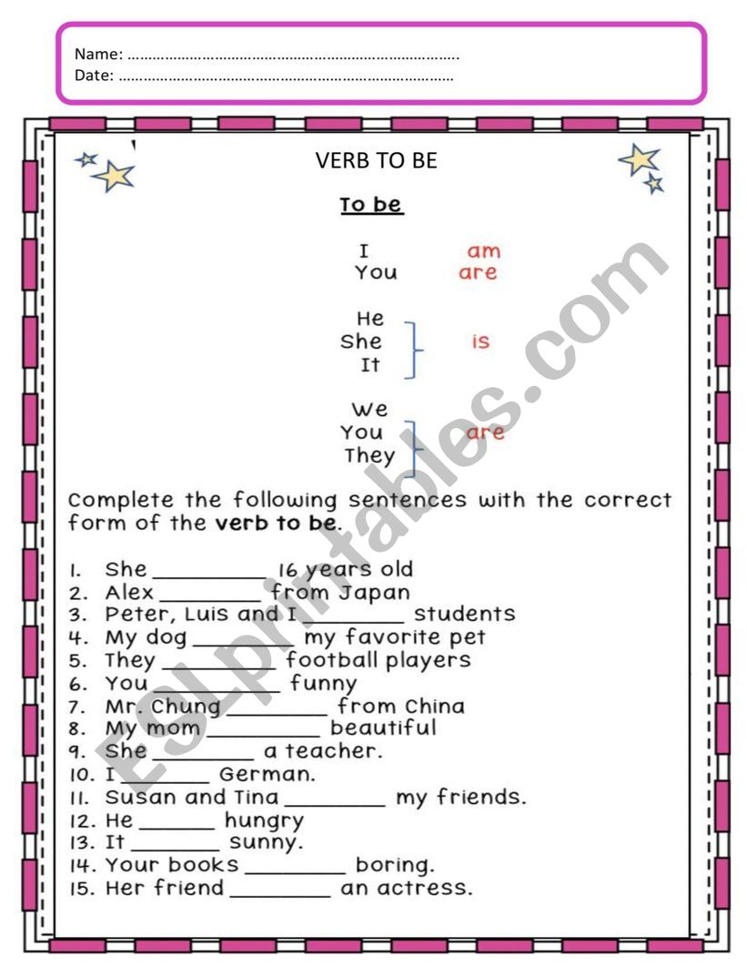 verb to be worksheet