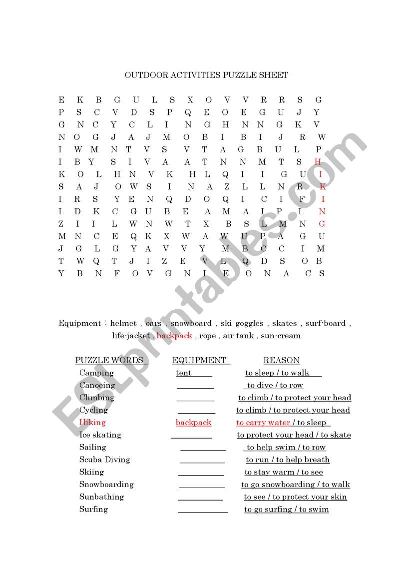 Outdoor activities puzzle worksheet