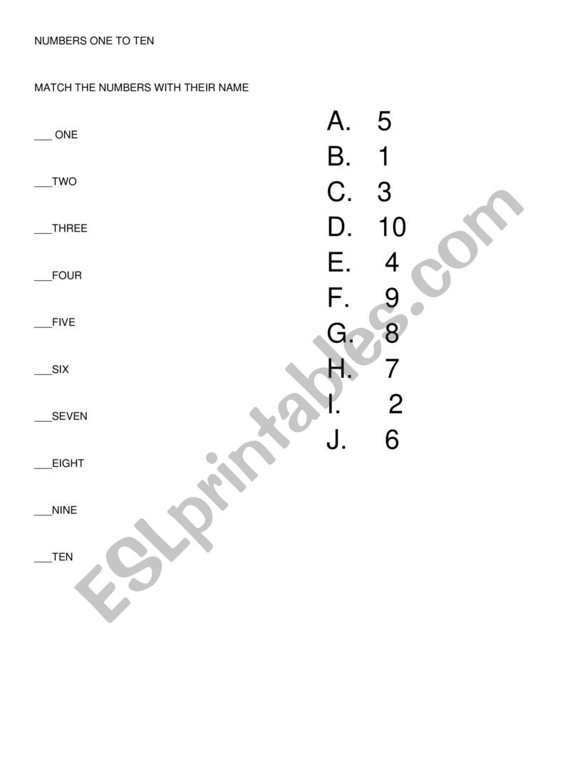 NUMBERS ONE TO TEN worksheet