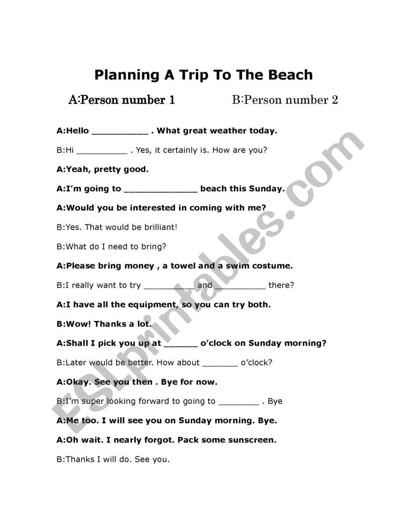 Planning A Trip To The Beach To Enjoy Surfing, Swimming and Bodyboarding Etc Role-Play And Full Complete Dialogue Boxes