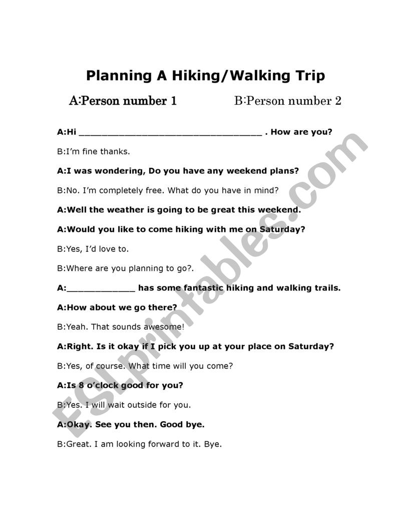 Planning A Trip To The Mountains To Go Hiking-Walking Role-Play And Full Complete Dialogue Boxes
