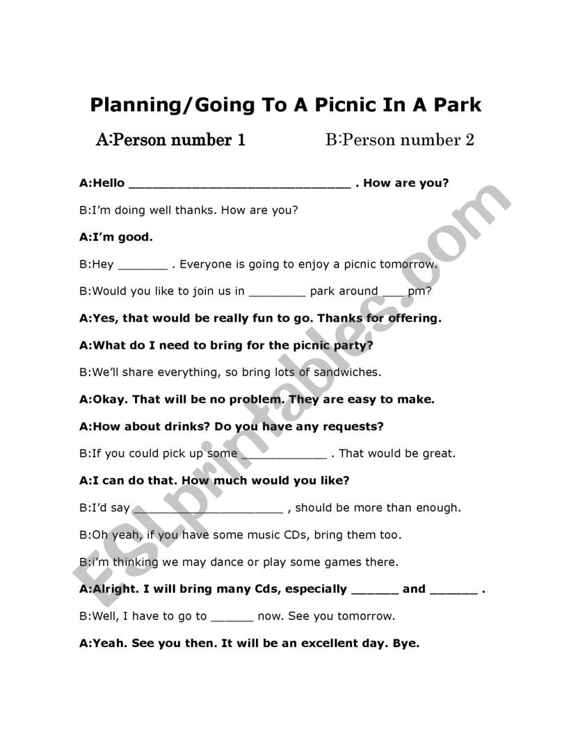 Planning To Go To A Picnic Party In A Park Role-Play And Full Complete Dialogue Boxes