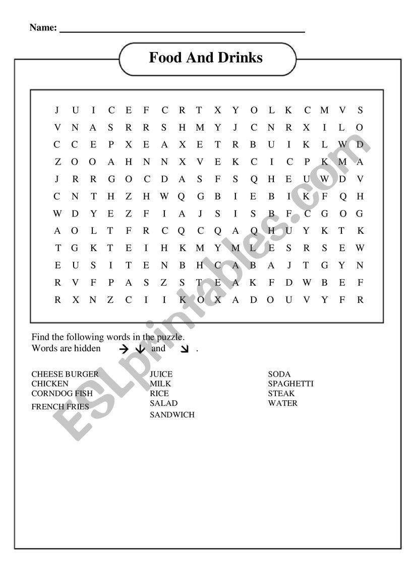 food and drink wordsearch worksheet