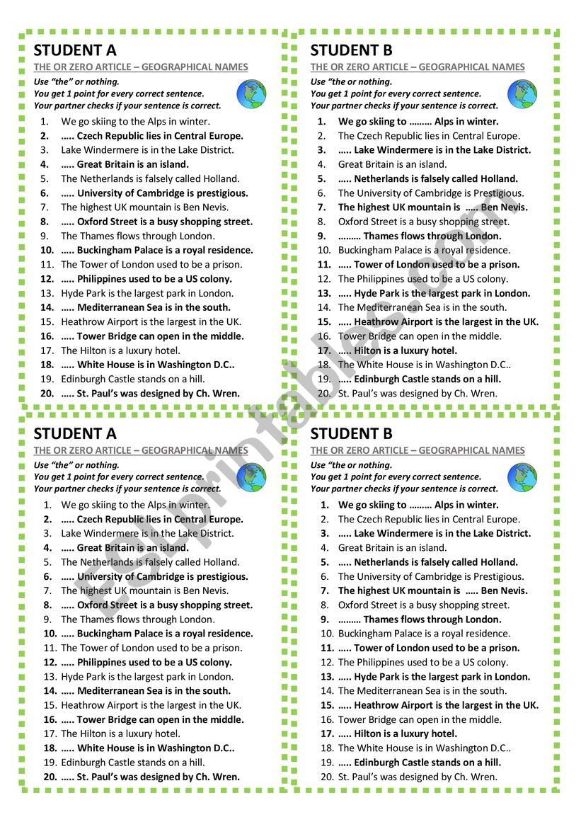 Articles with geographical names - pair work