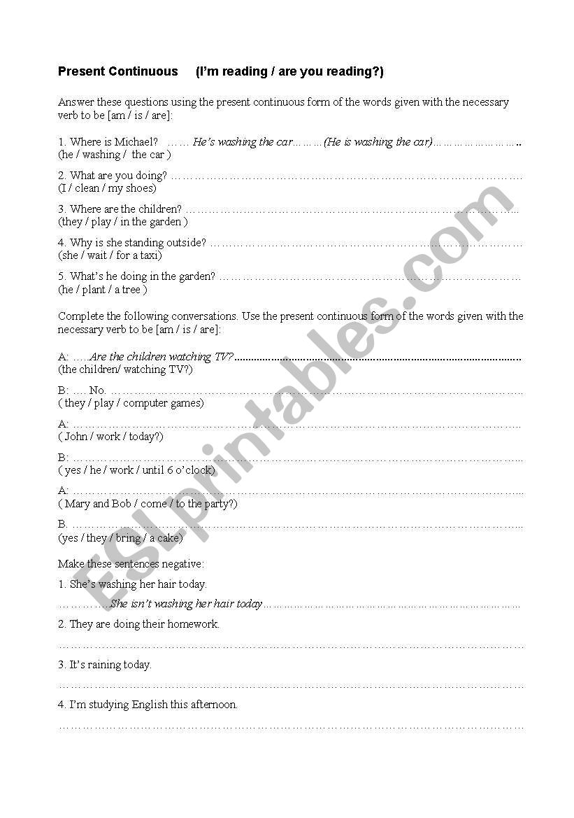 Present continuous exercises worksheet