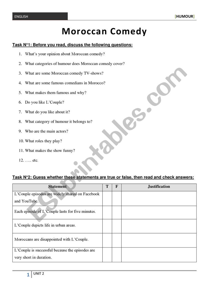 READING ABOUT HUMOUR worksheet