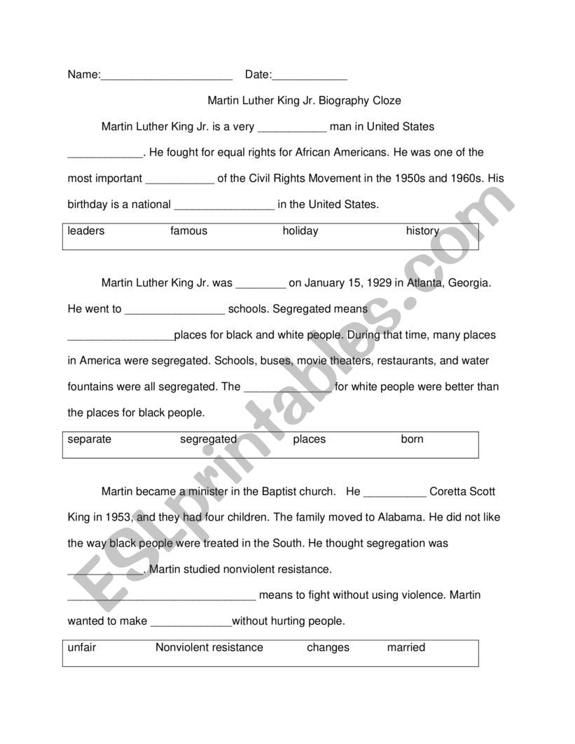 MLK Cloze Biography, Vocabulary and Ordering Sentences 