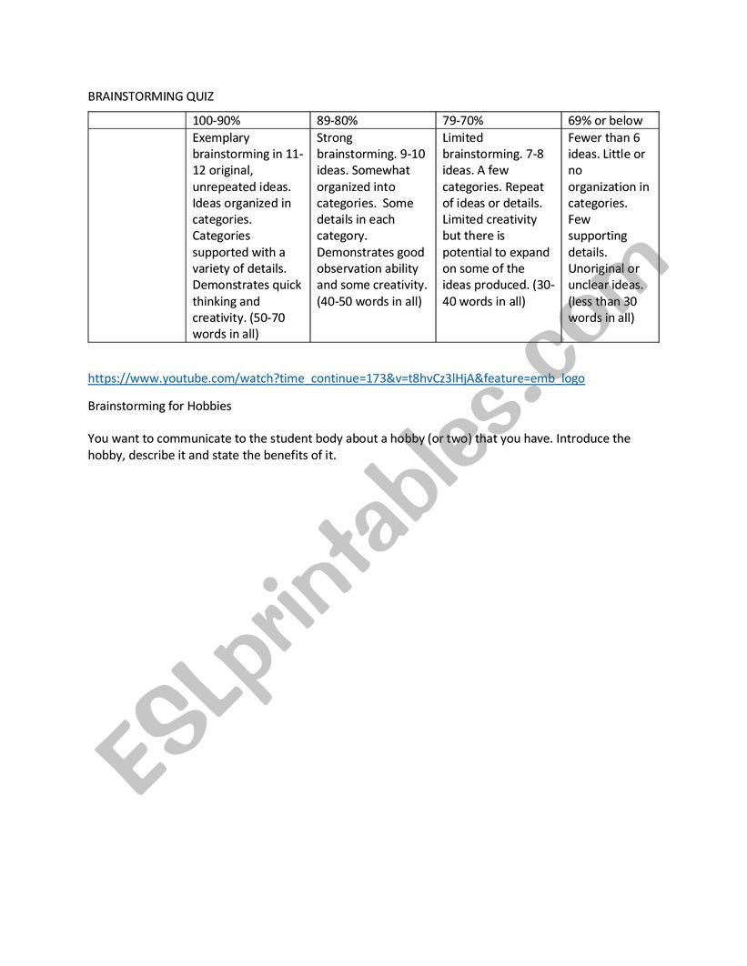 Brainstorming Quiz rubric and prompt