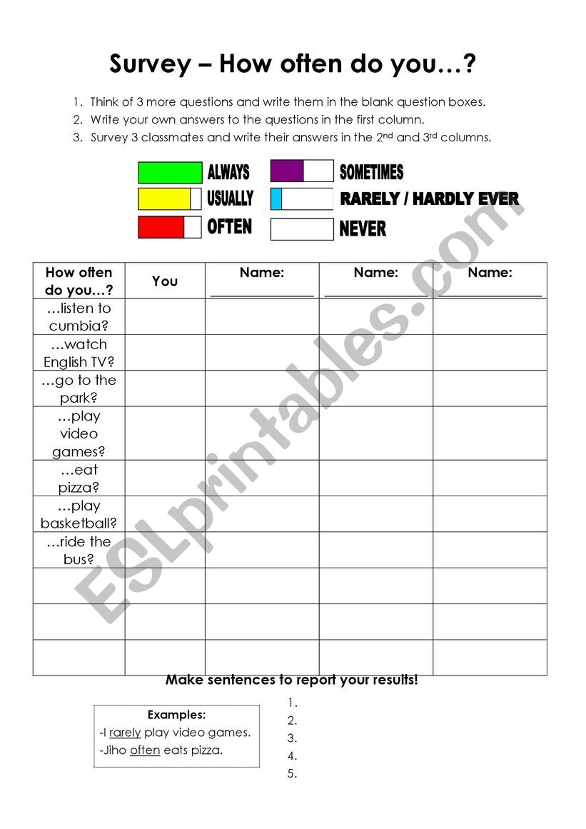 "How often do you..." Survey Activity ESL worksheet by druz08