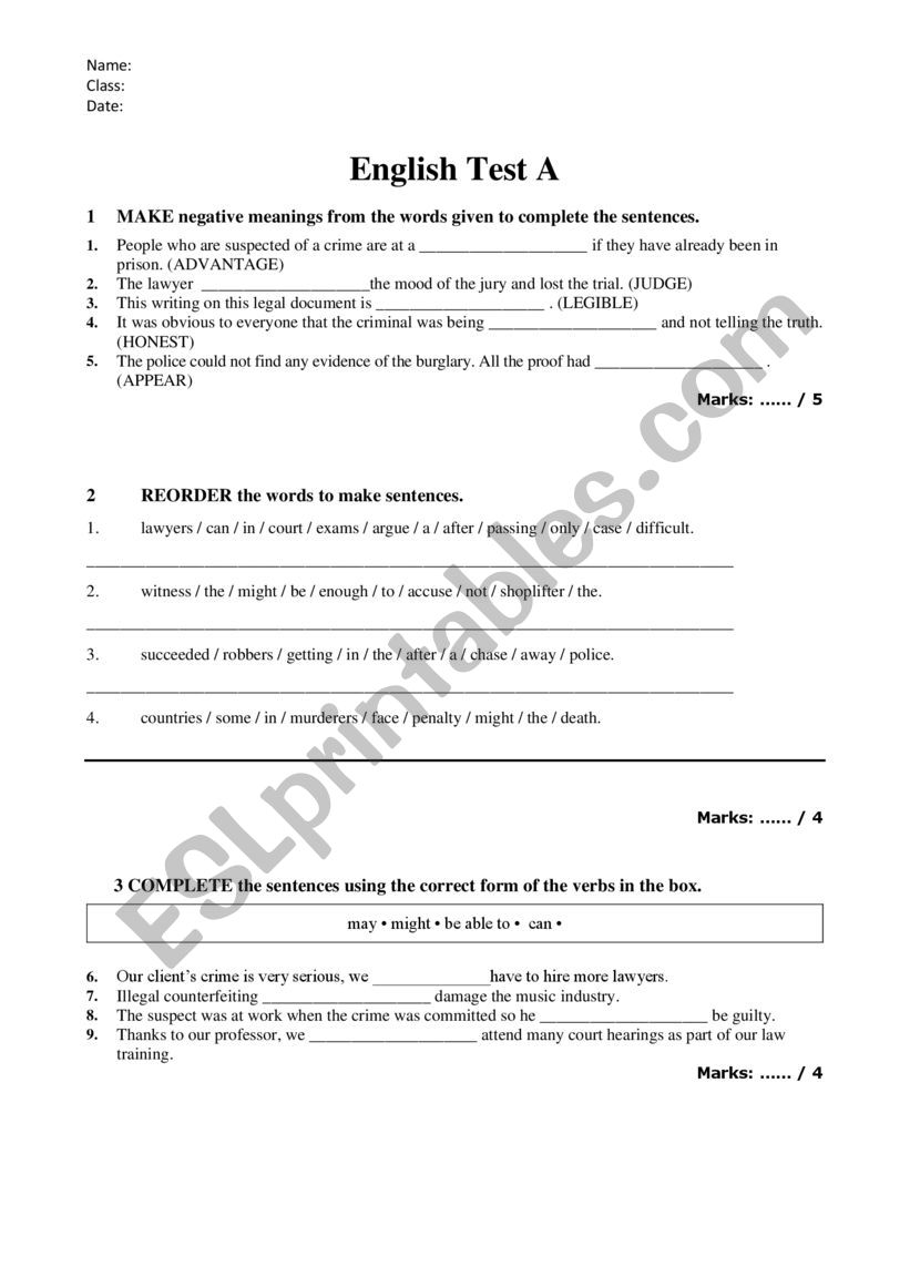 Review test worksheet