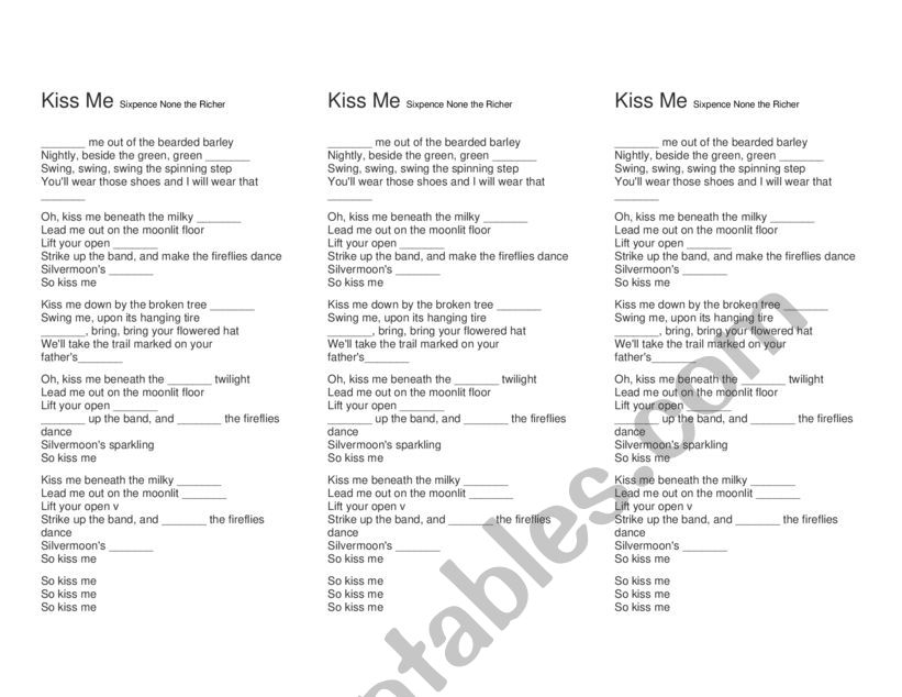 fill the gaps-kiss me song worksheet