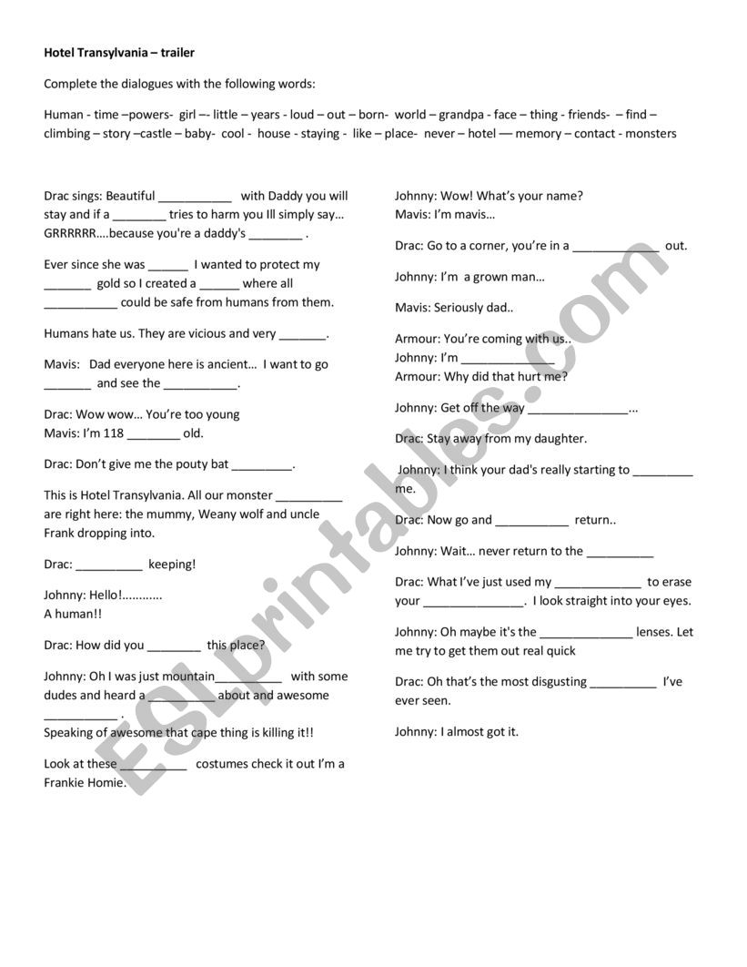 Hotel Transylvania - trailer worksheet