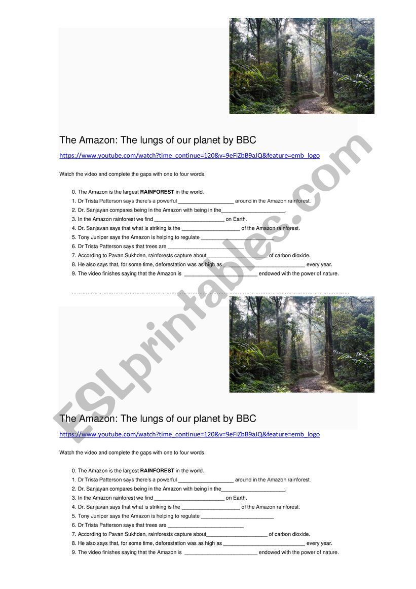 Video activity about the Amazon Rainforest (Gap-fill, C1 level) Link, key and transcript provided 