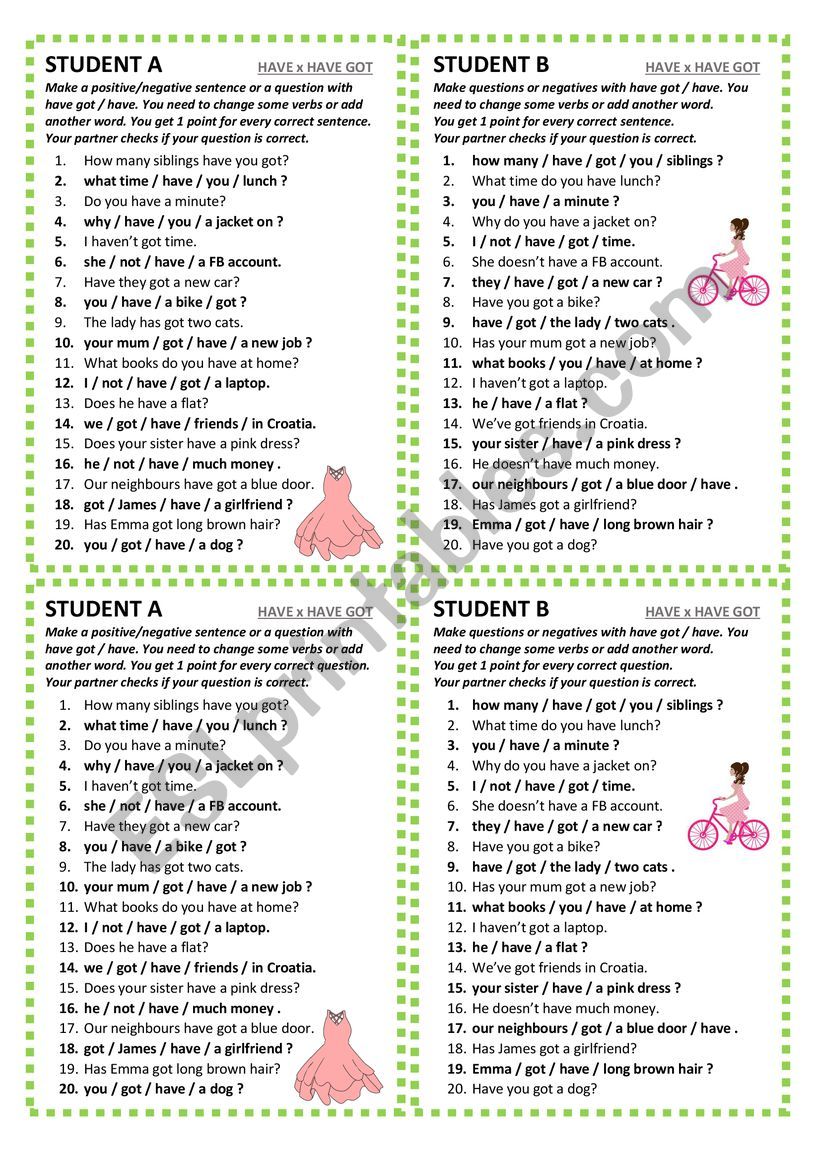 Have vs. have got - pair work worksheet