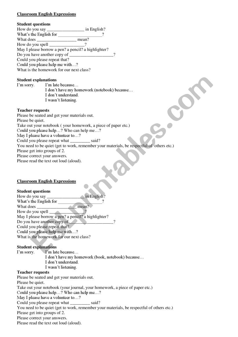 Classroom English worksheet