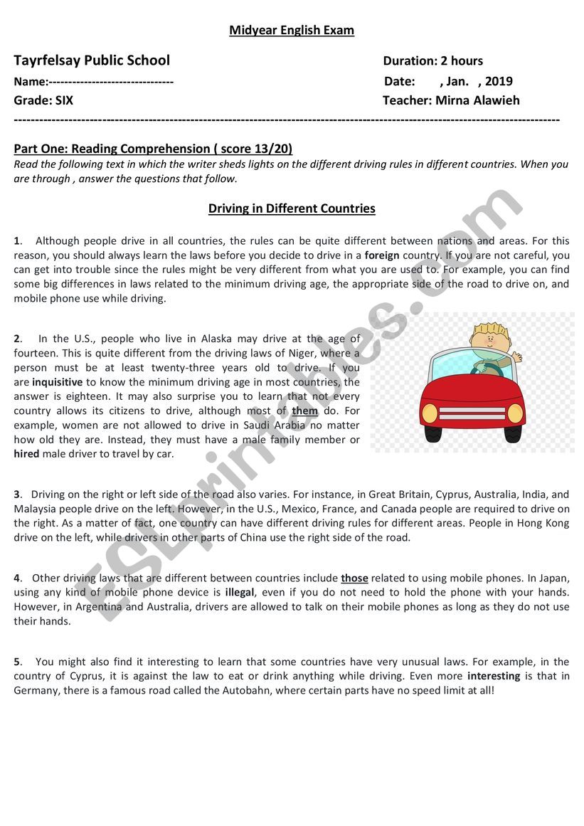 Driving rules worksheet