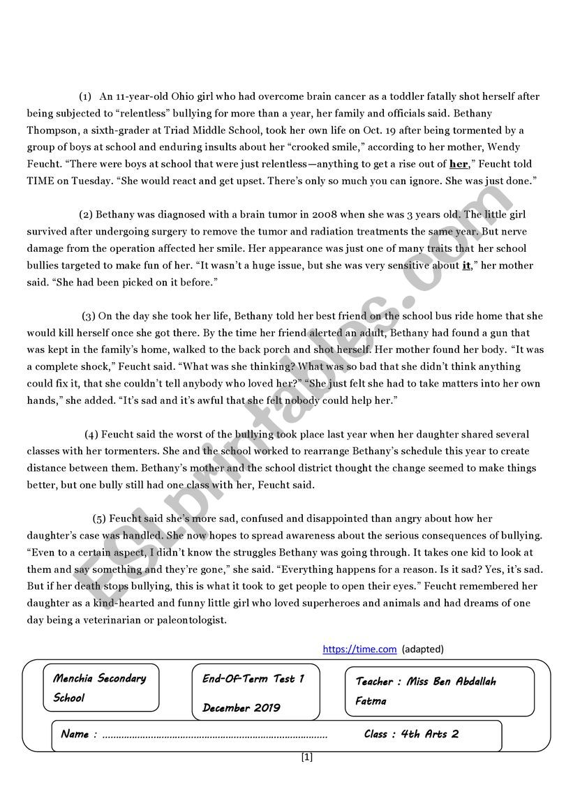 end of term test  worksheet