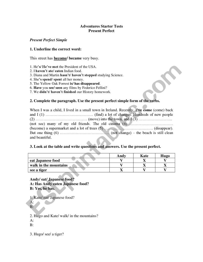 Starter Tests worksheet