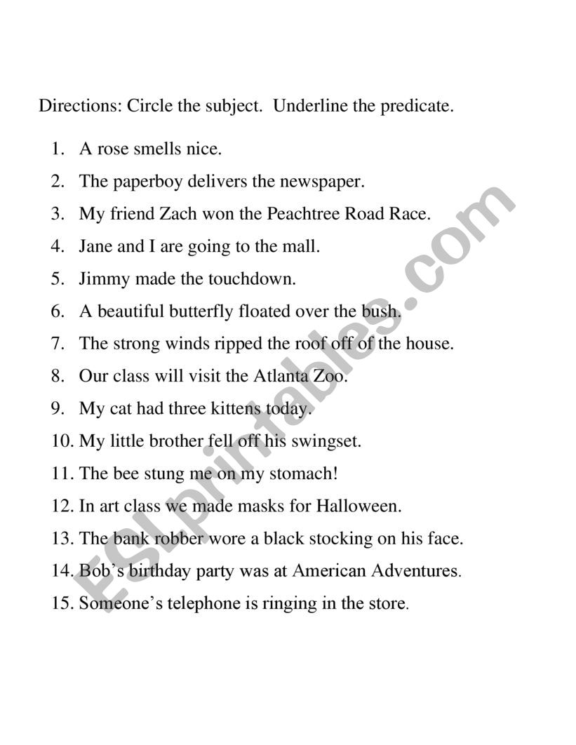 subject and predicate  worksheet