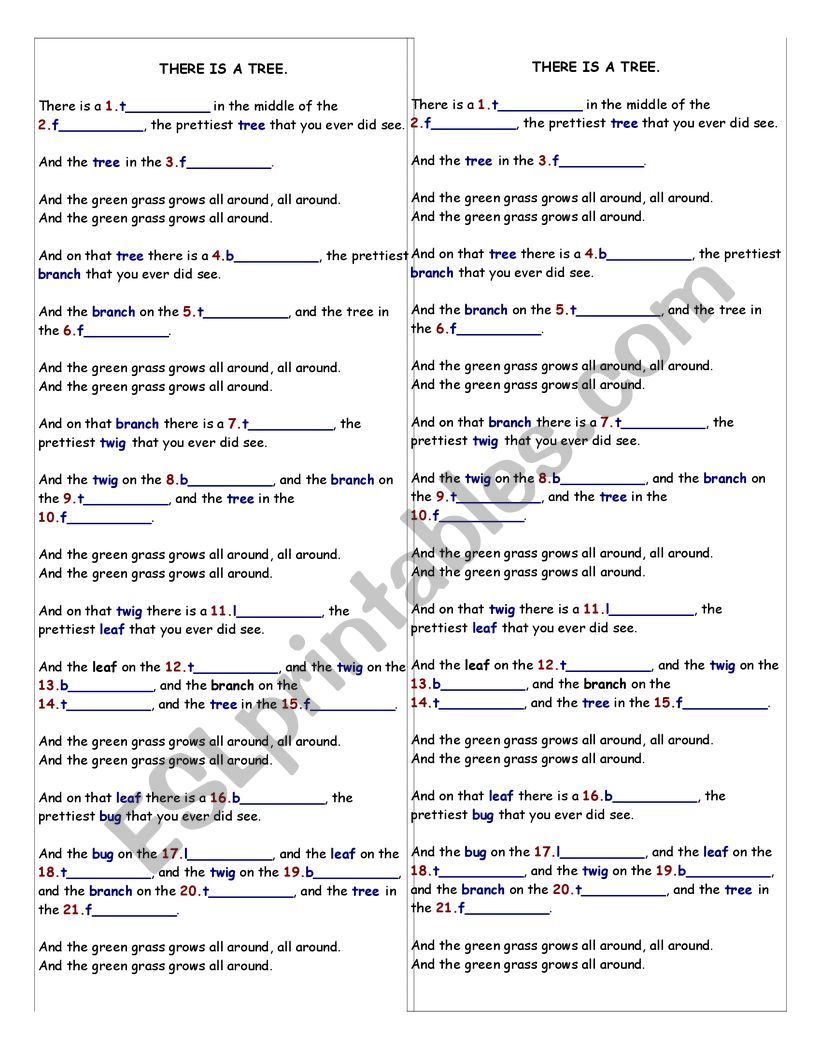 There is a tree song worksheet