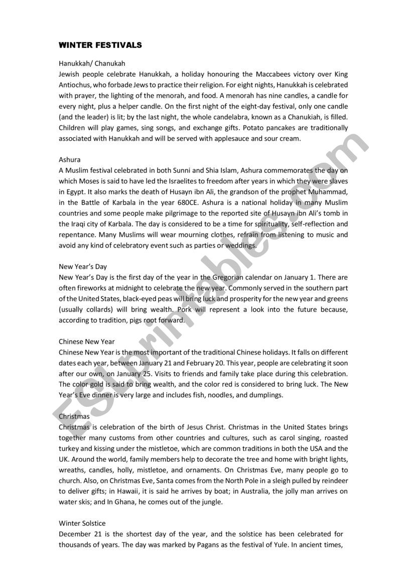 Winter Festivals worksheet