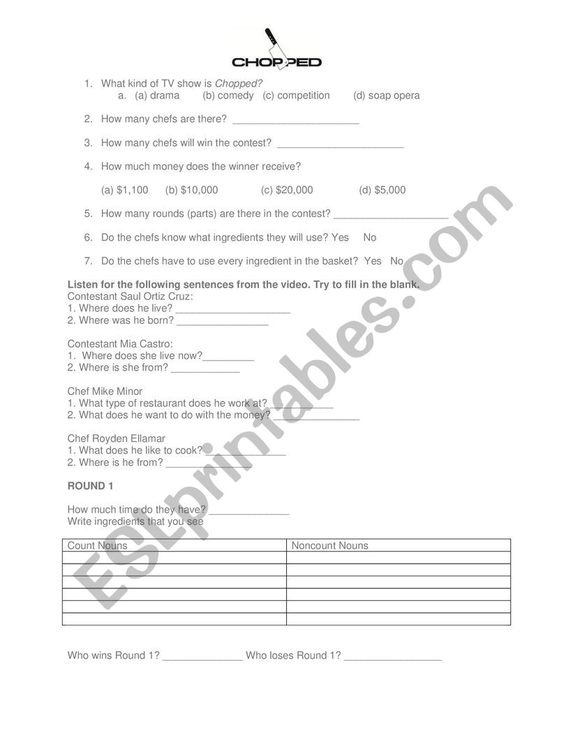 Chopped TV Show Questions worksheet