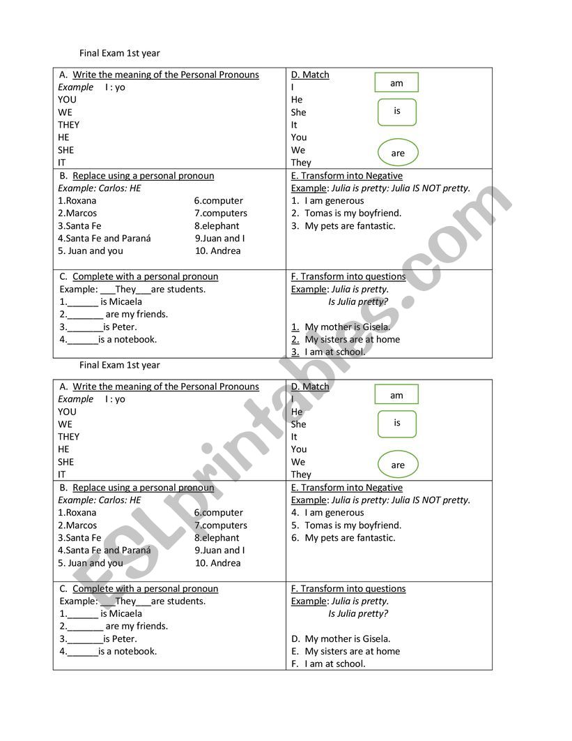 verb to Be revision  worksheet