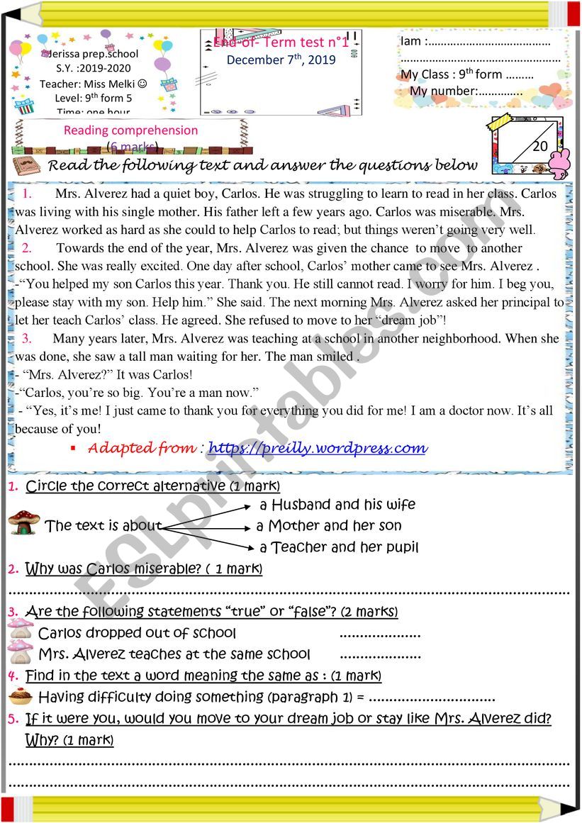 9th form end-of-term test N1 worksheet