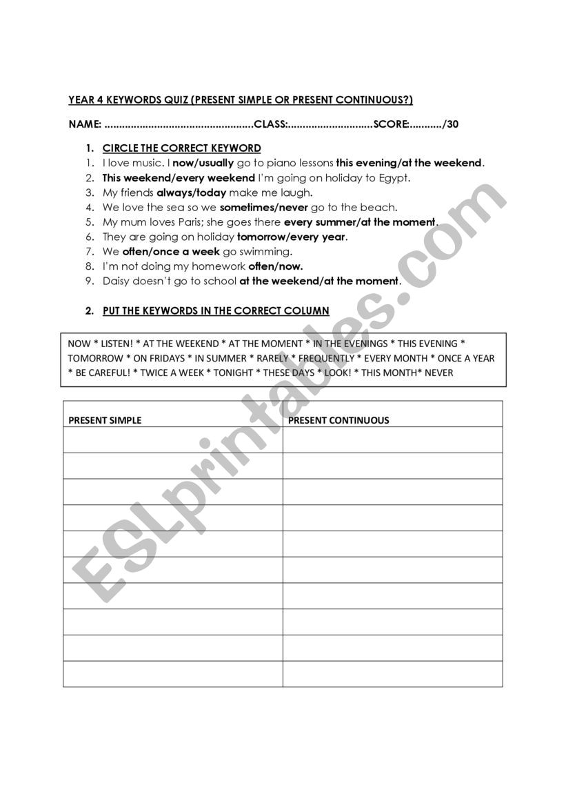 KEYWORDS PRESENT TENSES worksheet