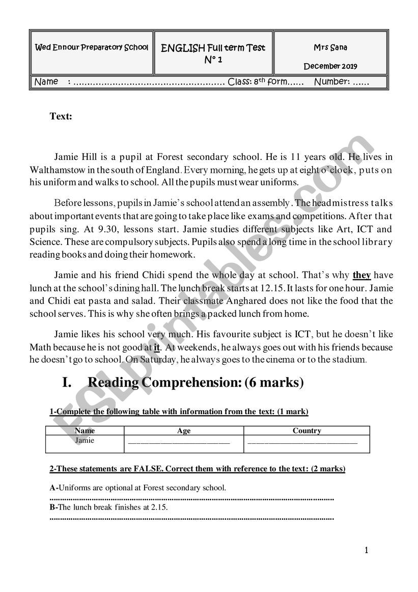 8th form Full test n1 worksheet