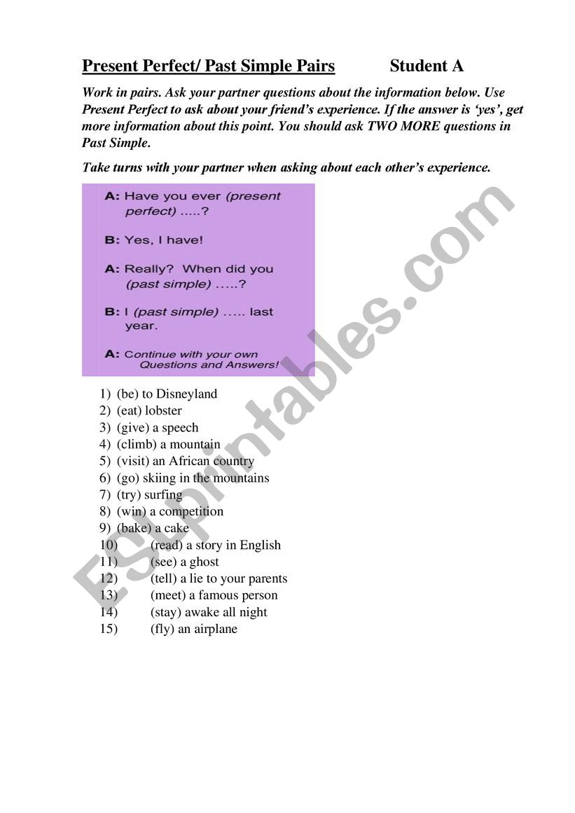 Speaking pair work Present Perfect/Past Simple