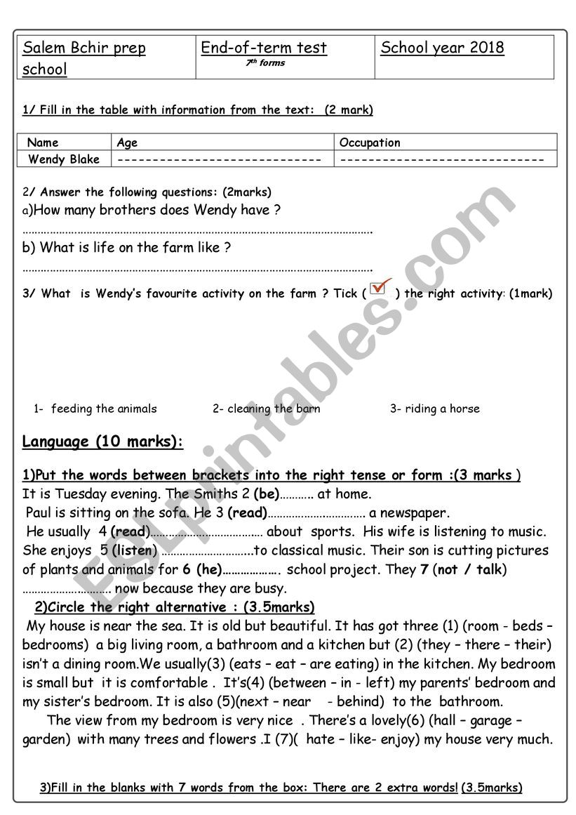 end-of-term-test 2 for 7th levels