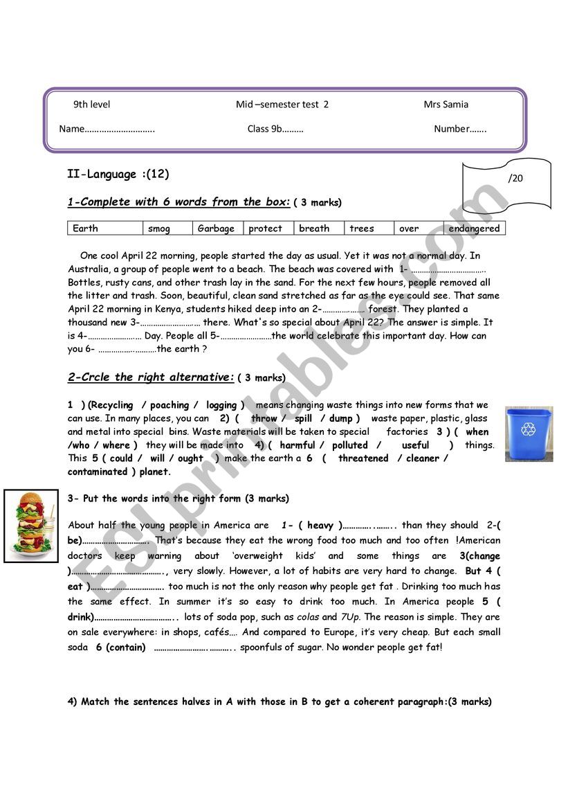 Mid-term test3 for 9thlevels worksheet