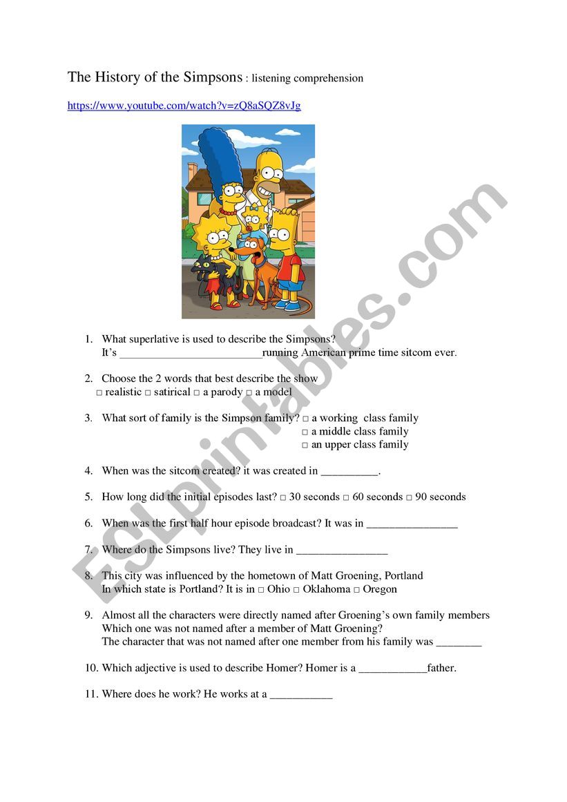 The history of the Simpsons  worksheet