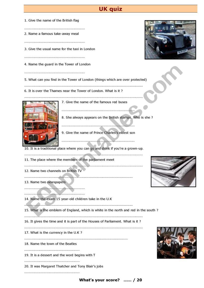 The UK Quiz worksheet