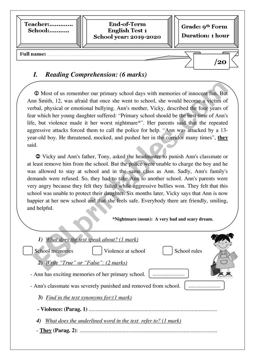 End-of-Term English Test number 1 (9th form) 