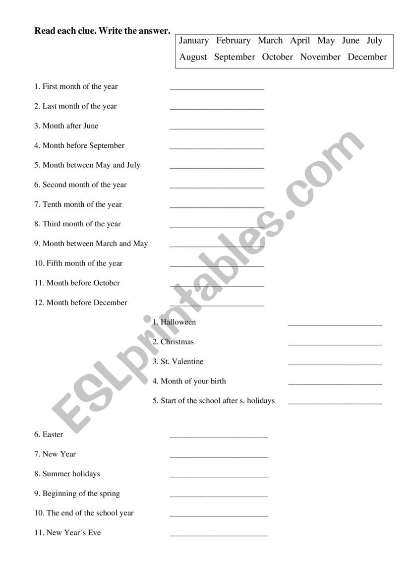 Months worksheet