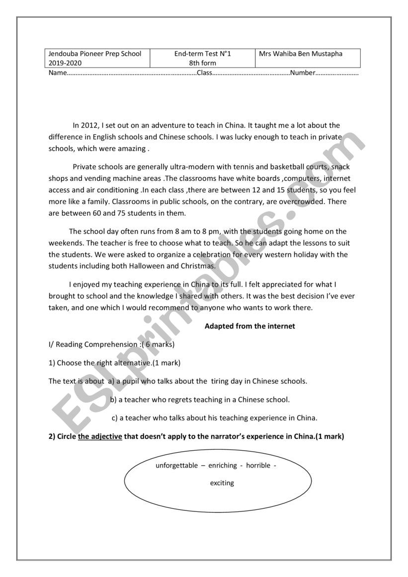 end-term test N1 (8th form) worksheet