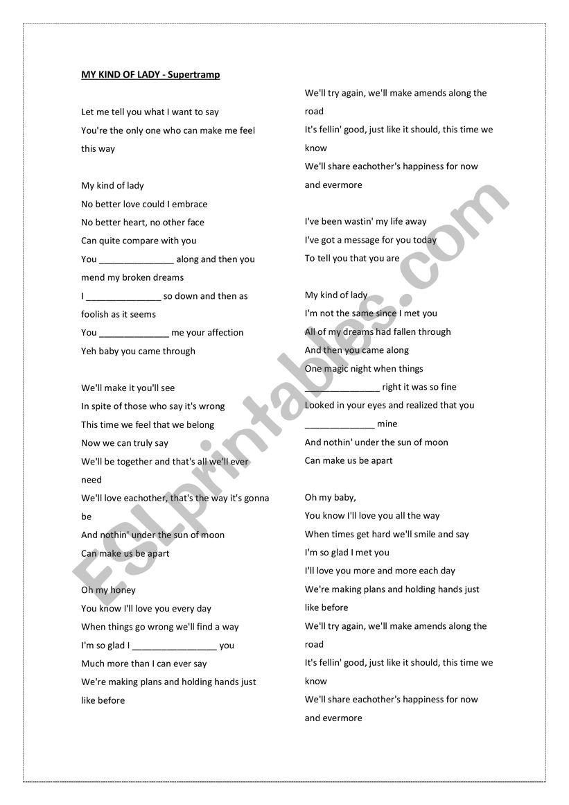 My kind of girl - Supertramp worksheet