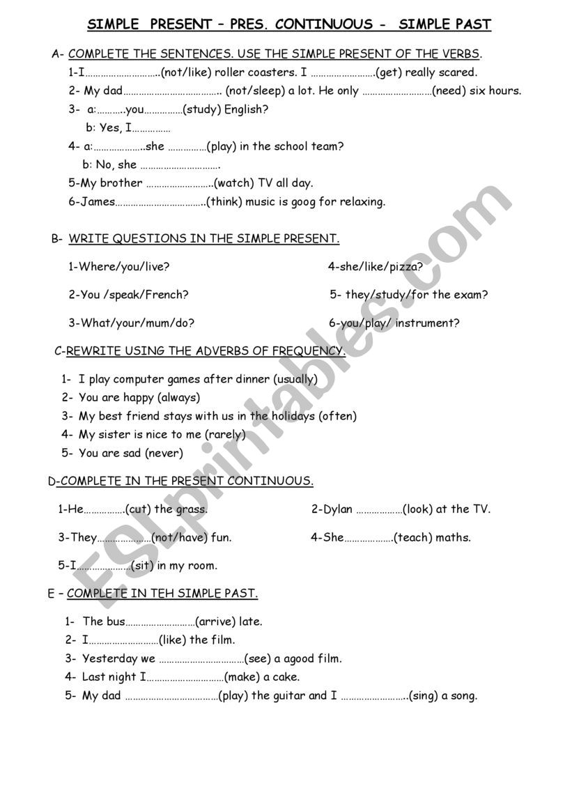 Different tenses worksheet