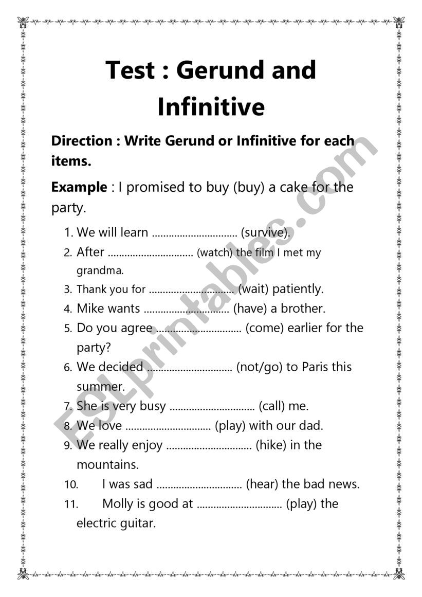 Gerund test worksheet