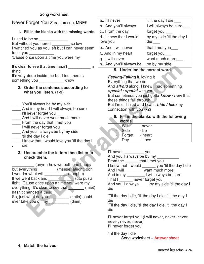 Song Worksheet - Never Forget You