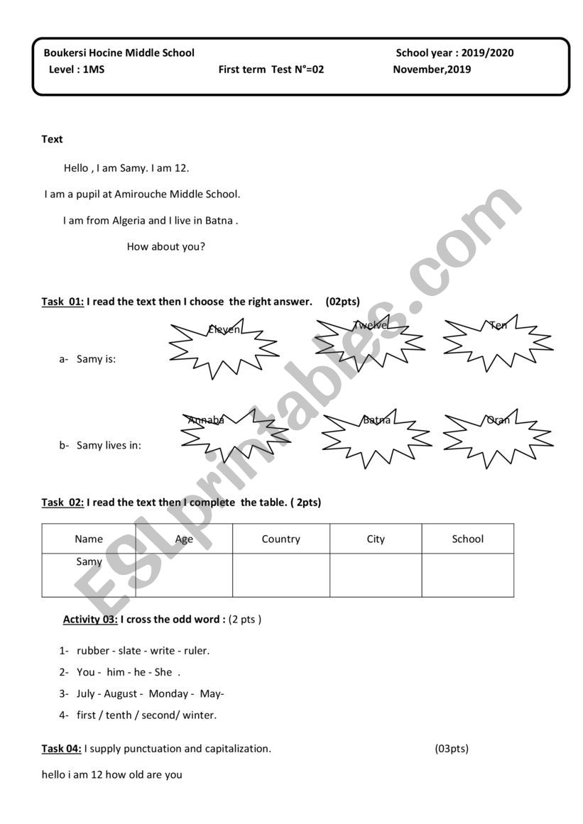 test 2 first term worksheet