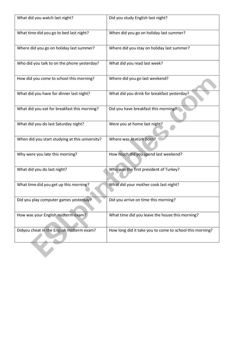 simple past tense questions - ESL worksheet by aysegulege