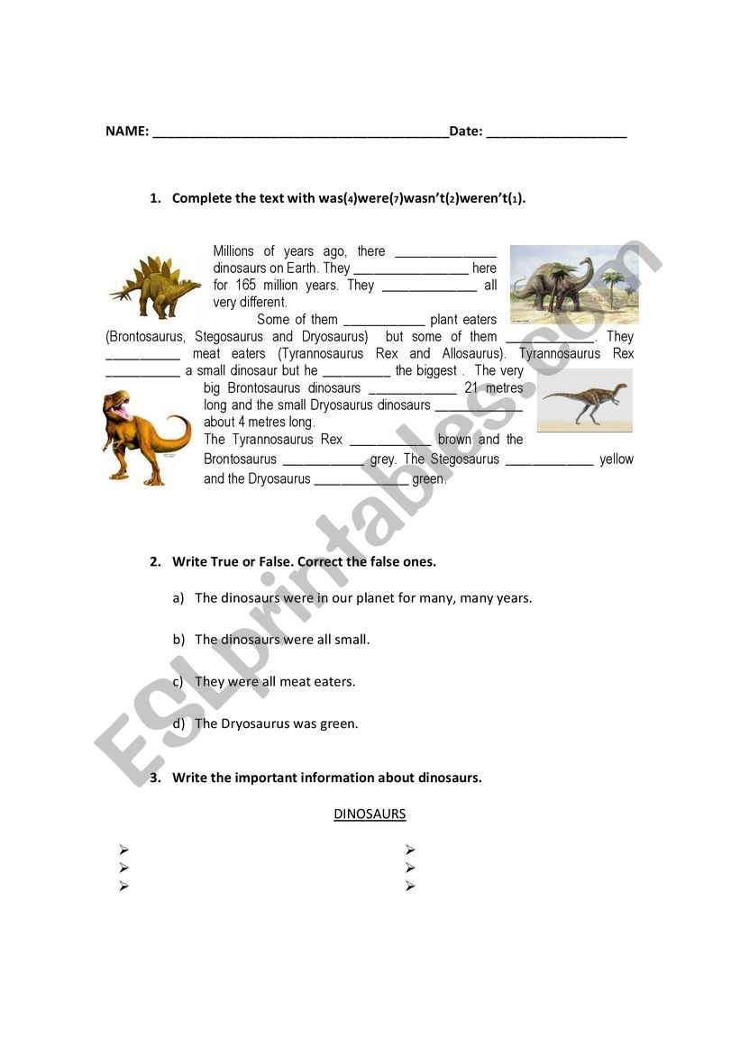 Dinosaurs - Past simple to be worksheet