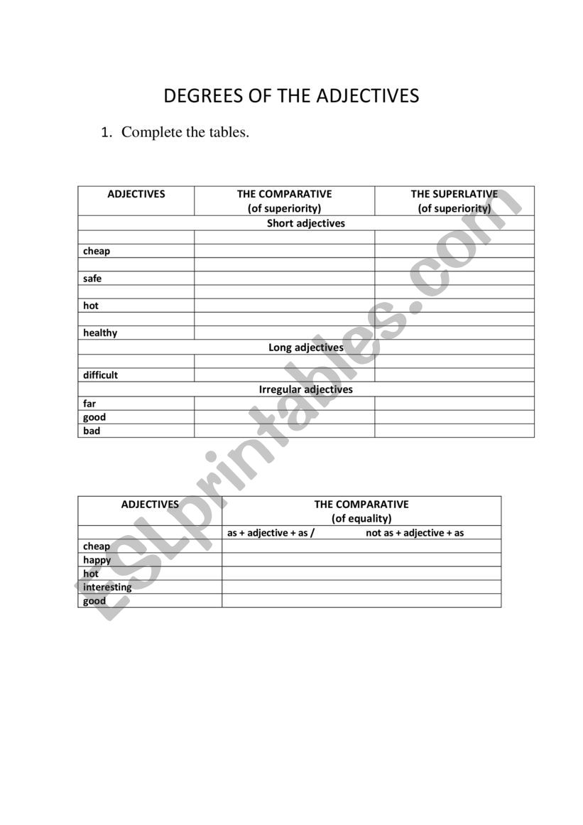 Adjectives - degrees worksheet