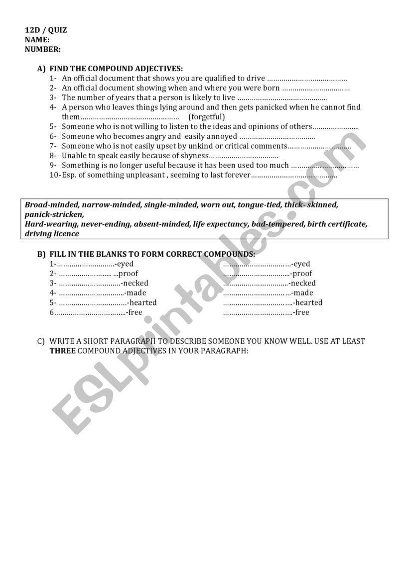 Compound adjectives Worksheet worksheet