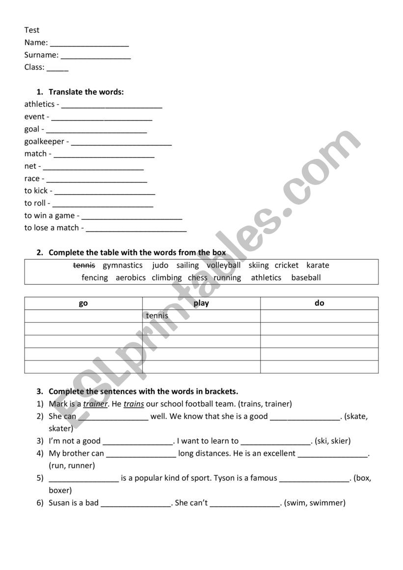 Sport worksheet