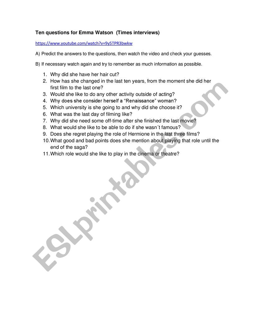 Interview with Emma Watson worksheet